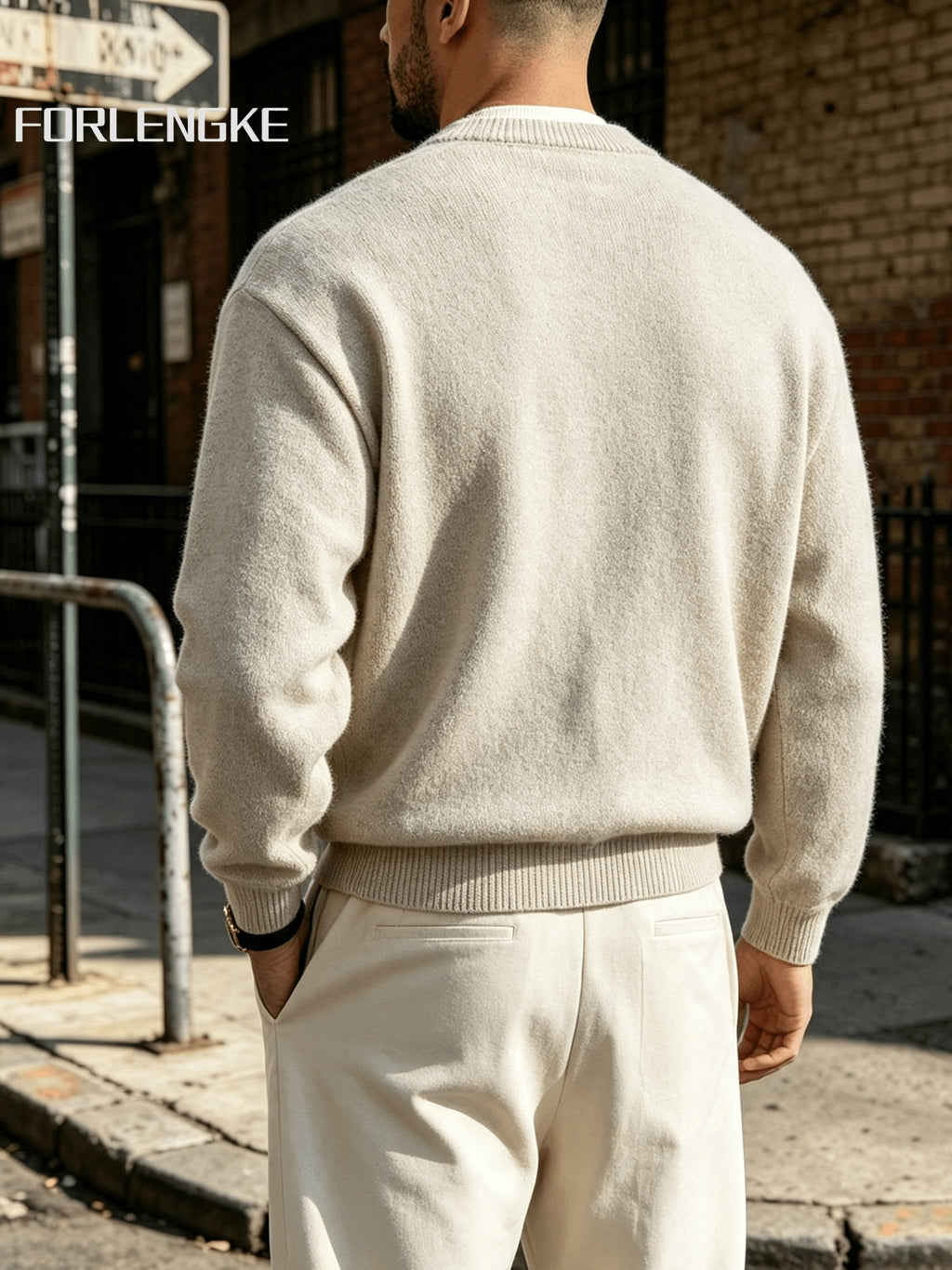 FORLENGKE Autumn/Winter New Arrival Men's Solid Color Long-Sleeve Button-Up Knit Sweater, Soft and Fine Knitted Fabric, Vintage Casual Style, Versatile Pullover for Daily Outings and Outerwear - Apricot