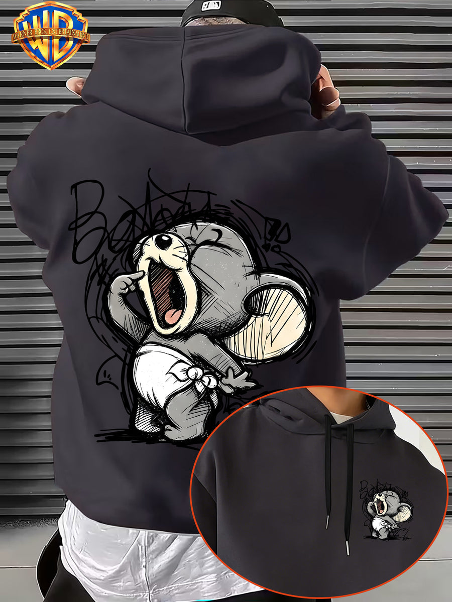 Warner Bros. Men's Fashion Hooded Sweatshirt with Cute American-Style Sketch Draft Small Animals, Wide-Mouthed Expressions, and Street-Style Handwritten Graffiti Font Print. Features Sleeve Print Design, Kangaroo Pocket, and Drawstring Hood - Dark Gray