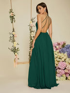 Summer Evening Gown with a Slit at the Waist, Backless and Strapless, an Elegant Bridesmaid Dress - Dark Green