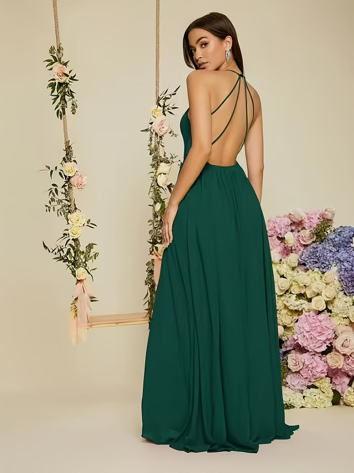 Summer Evening Gown with a Slit at the Waist, Backless and Strapless, an Elegant Bridesmaid Dress - Dark Green