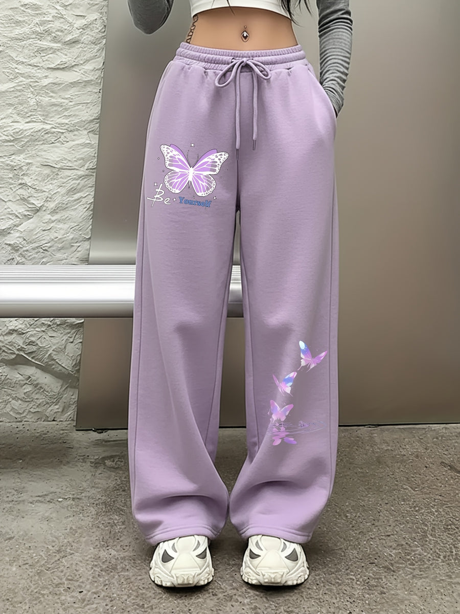 Be Yourself" Purple Butterfly Pattern Print, Casual Sporty Straight-Leg Pants, Women's Elastic Waist Drawstring Wide-Leg Long Pants, All-Season Women's Trousers - Purple