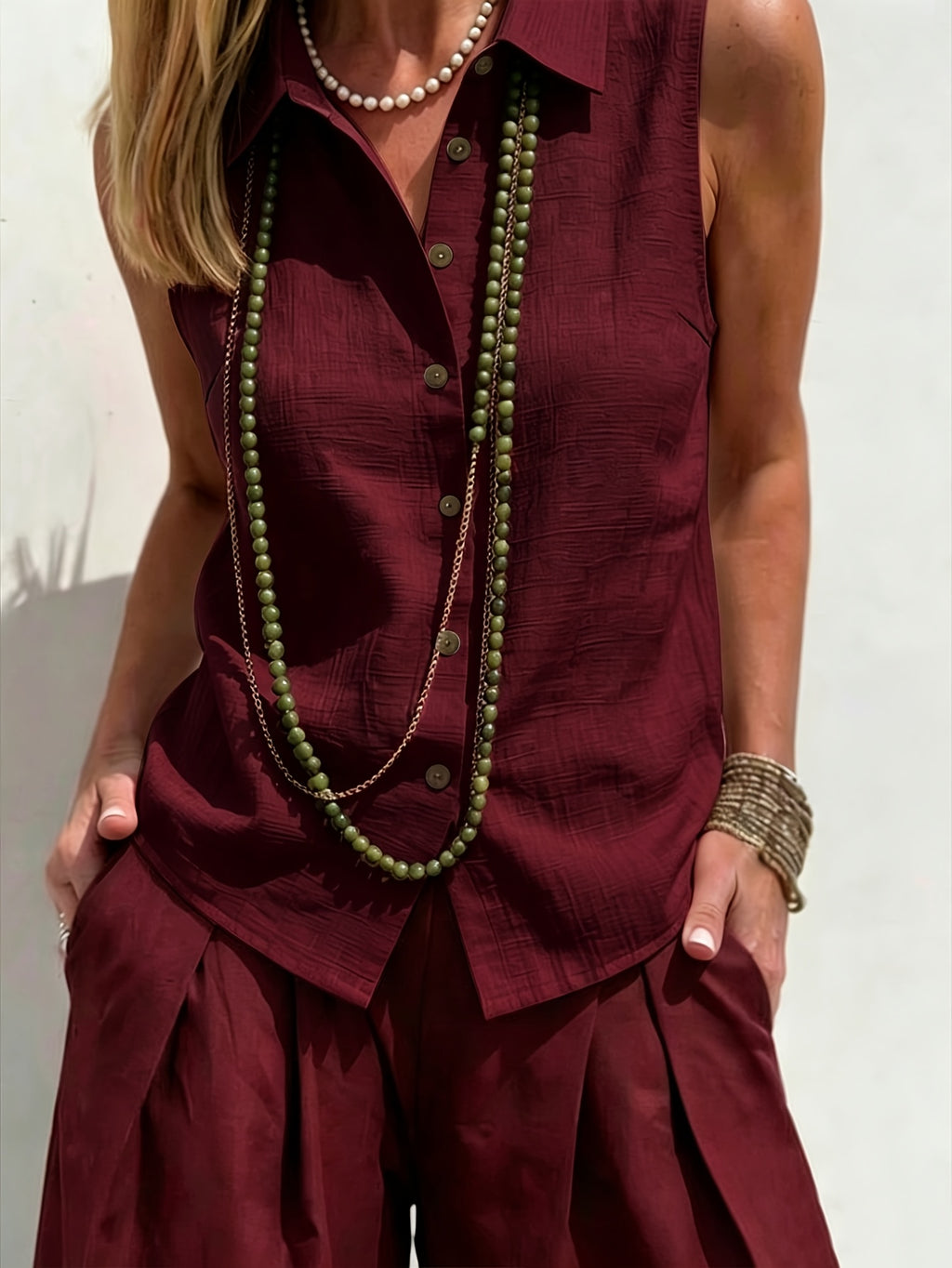 Casual Linen Sleeveless Shirt for Women, Commuting Beach and Holiday Style Blouse - Deep Red