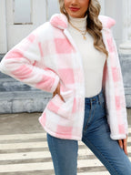 Plaid Print Patched Pockets Teddy Coat, Versatile Long Sleeve Single Breasted Winter Outwear, Women's Clothing - Pink Color