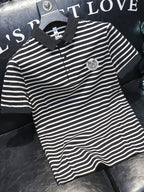 Men's POLO Shirt Short Sleeve T-Shirt Summer Striped Collared Lapel Fashion Streetwear Brand Cool Thin Casual Embroidered Top - Black
