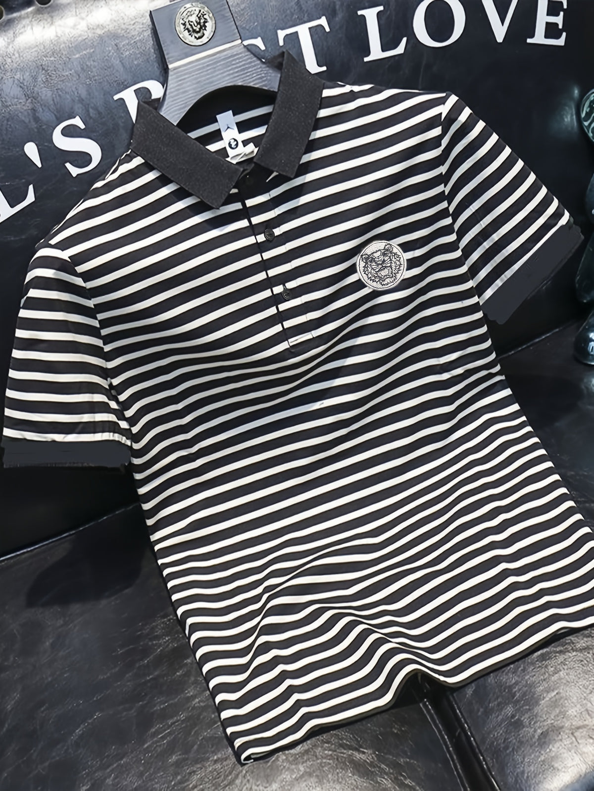 Men's POLO Shirt Short Sleeve T-Shirt Summer Striped Collared Lapel Fashion Streetwear Brand Cool Thin Casual Embroidered Top - Black