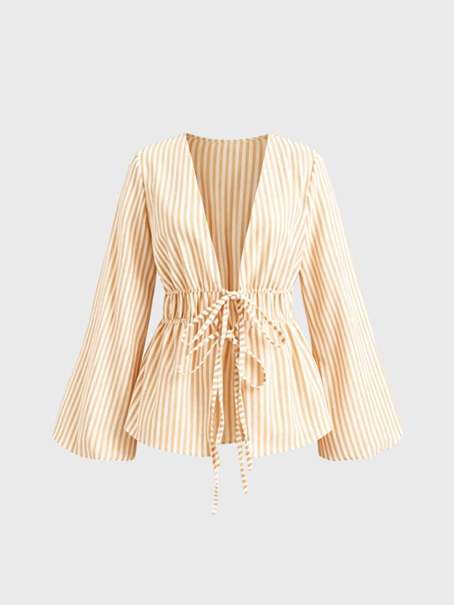 Belted Vertical Stripe Long-sleeve Shirt, Artistic Casual Fashion, Versatile Loose Top - Light Orange