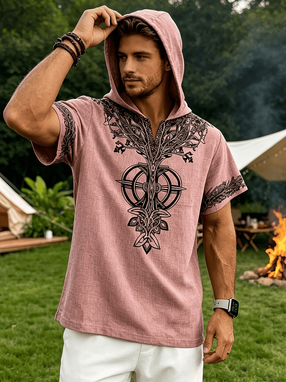 Men's Tree of Life Hooded T-Shirt - European & American Streetwear Style Short-Sleeve Top with Hood, Tree of Life Print, Machine Washable Regular Fit Casual Shirt Suitable for Casual Attire, Brand Label - pink
