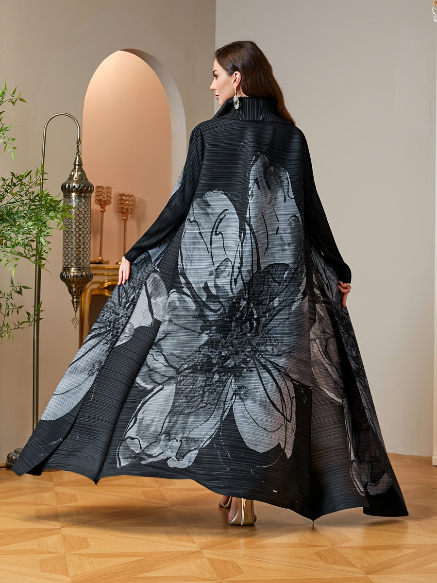 Women Modest Black Grey Floral Print Pleated Abaya Open Front Long Cardigan with Belt Dubai Arab Kimono Duster Coat High Quality Plisse Loose Robe Outerwear Banquet Party Evening Wear - Black
