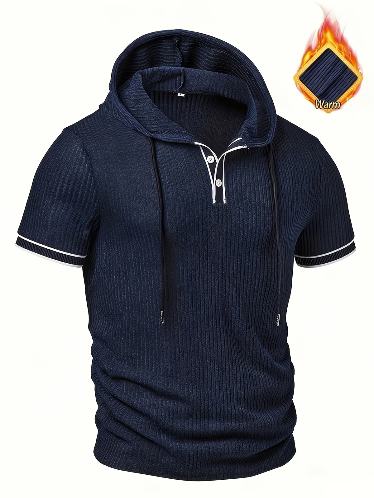 Men'S Fashion Men'S Clothing Top, Spring Summer Casual Outdoor Textured Ribbed Fabric Solid Color Hooded Single-Row Button Short Sleeve Men'S Henley Shirt - Navy blue color