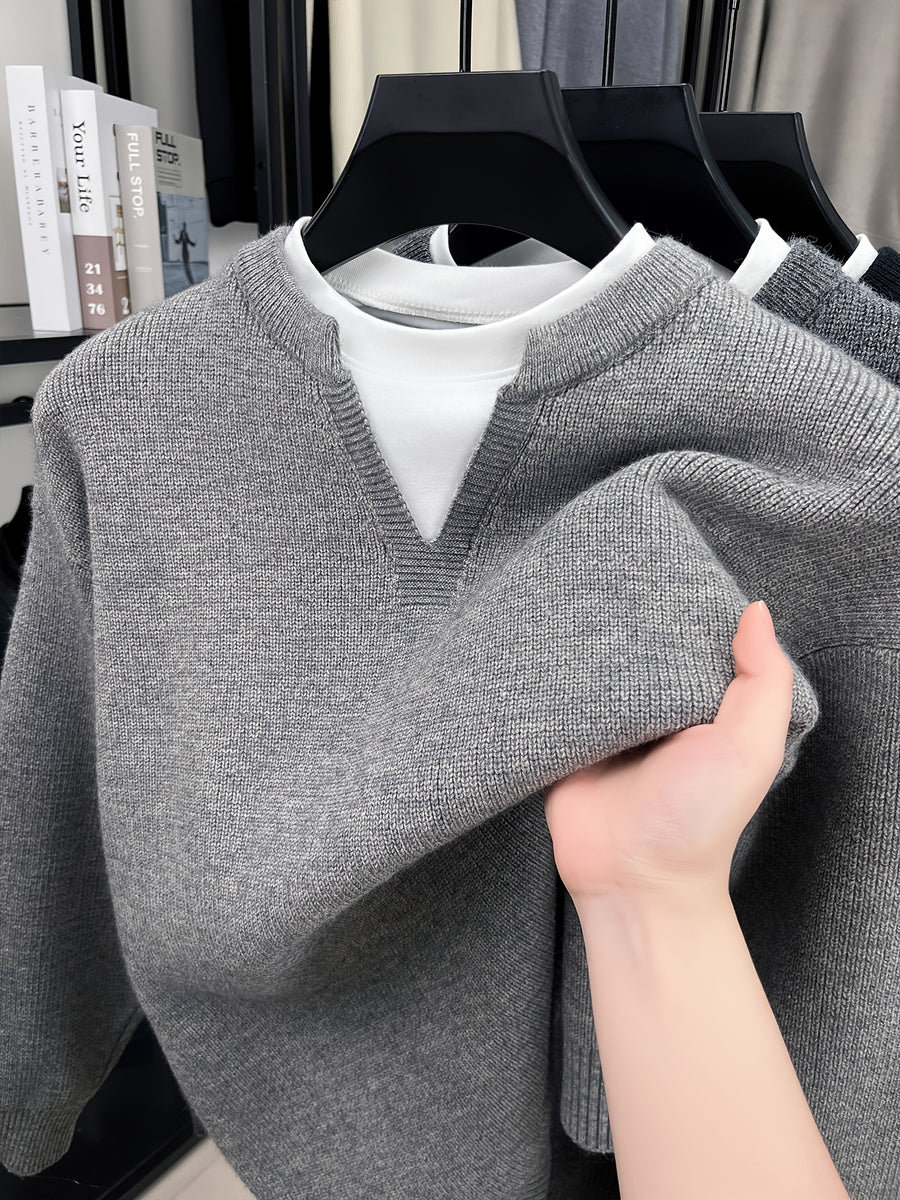 Men'S Loose-Fitting, Half-High Collar, Faux Two-Piece Sweater, Korean Style, Pullover Knitwear for Autumn And Winter, Thickened Trendy Inner Layer - Light Grey