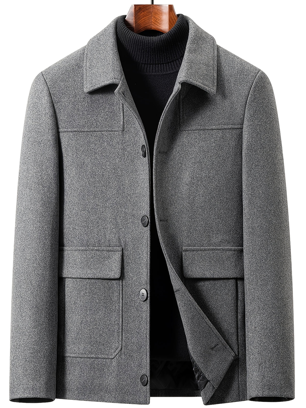 POPDOM Men's Wool Jacket, Autumn/winter Warm Windproof Thickened Design, with Decorative Flap Pockets on Both Sides, a Lapel Tweed Coat, Suitable for Business, Casual, and Party Occasions, a Very Mature and Steady Outerwear Piece - Grey