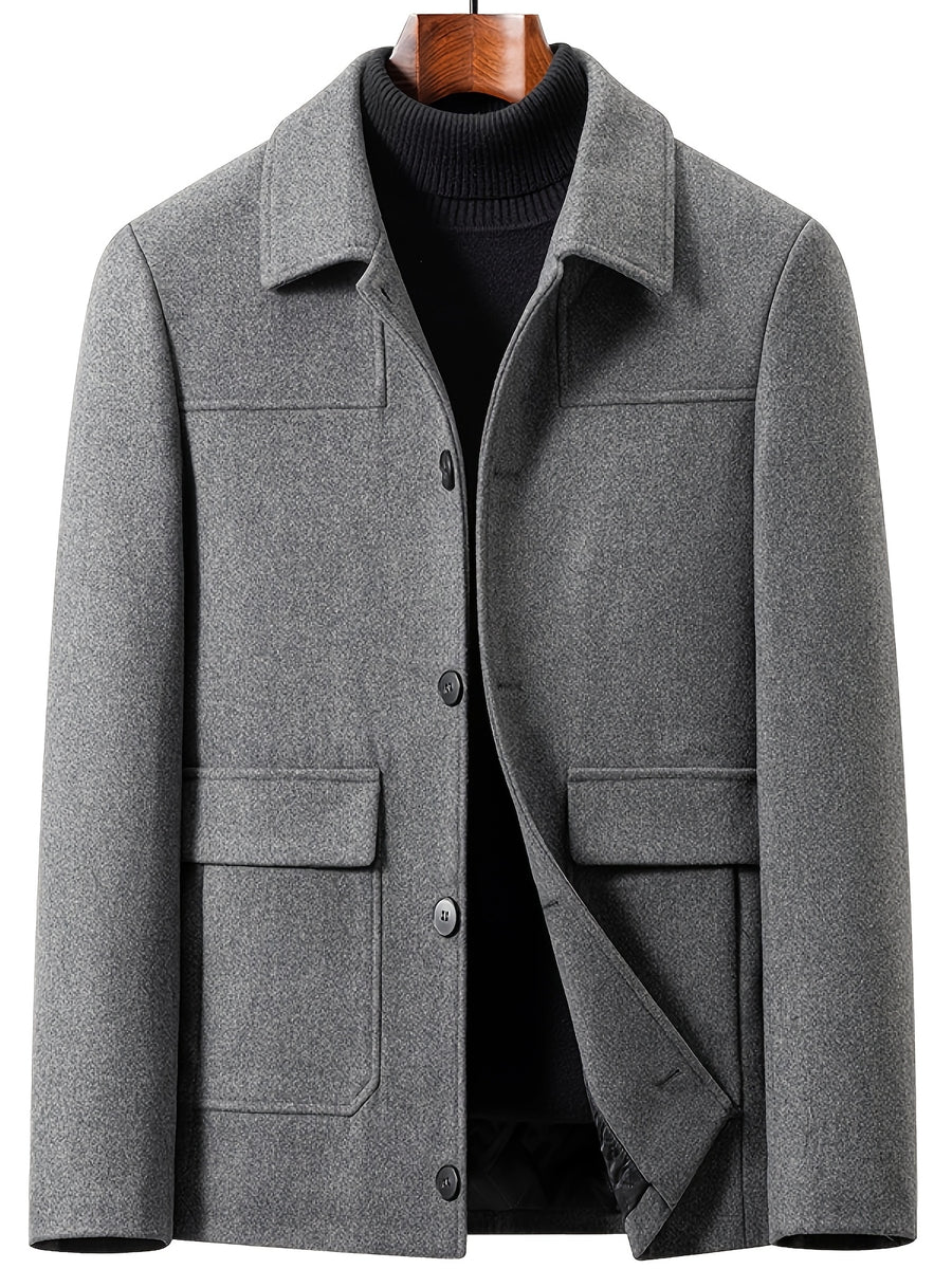 POPDOM Men's Wool Jacket, Autumn/winter Warm Windproof Thickened Design, with Decorative Flap Pockets on Both Sides, a Lapel Tweed Coat, Suitable for Business, Casual, and Party Occasions, a Very Mature and Steady Outerwear Piece - Grey