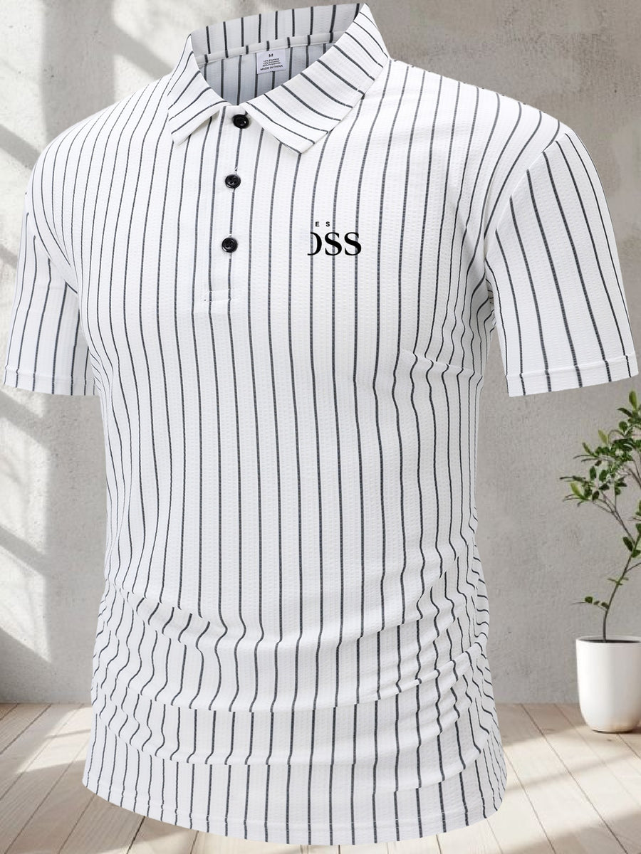 FT1105 EMPORIO Men's Striped Jacquard Print Short-Sleeve Polo Shirt, Comfortable Casual Ice-Feel Knit Business Lapel Daily Top, Gift - White