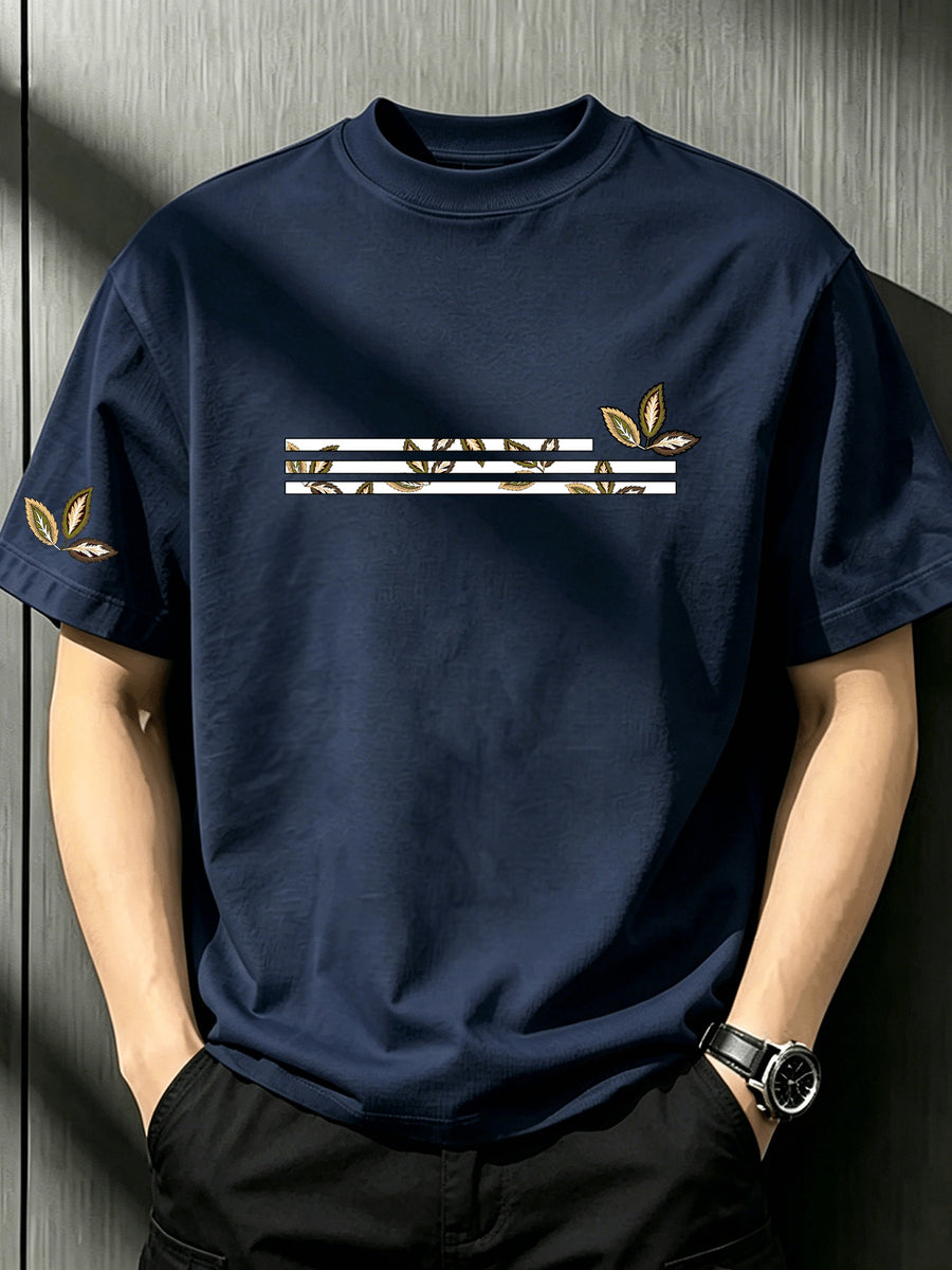 Men's Retro Brown-Tone Fallen-Leaf Geometric Line Print Short-Sleeve T-Shirt Dual-Position Print On Chest & Sleeve Casual Crew Neck Top-Summer Loose Breathable Crew Neck Base Short Sleeve - Navy Color