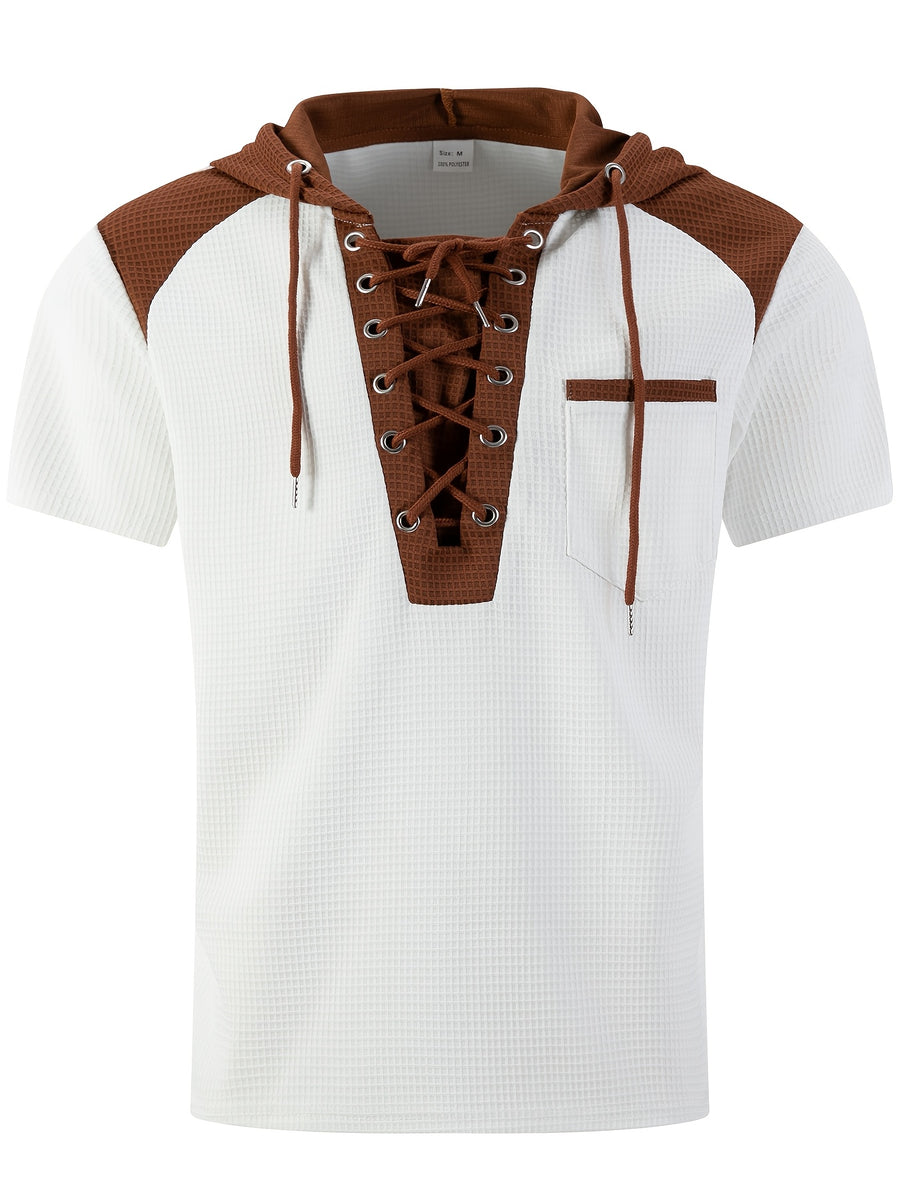 Men'S Plaid Knit Contrast Trim Hooded Sweatshirt - Short Sleeve Button-Up V-Neck Top with Chest Pocket, Vintage Street Style, for Everyday Wear - White