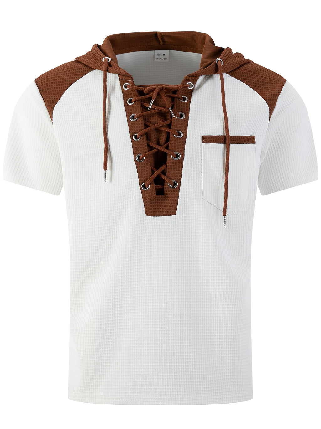 Men's Hoodie, Square Knit Sweater, Contrasting Trim, Short Sleeves, V-neck, Chest Pocket, Vintage Urban Style, for Daily Use - White