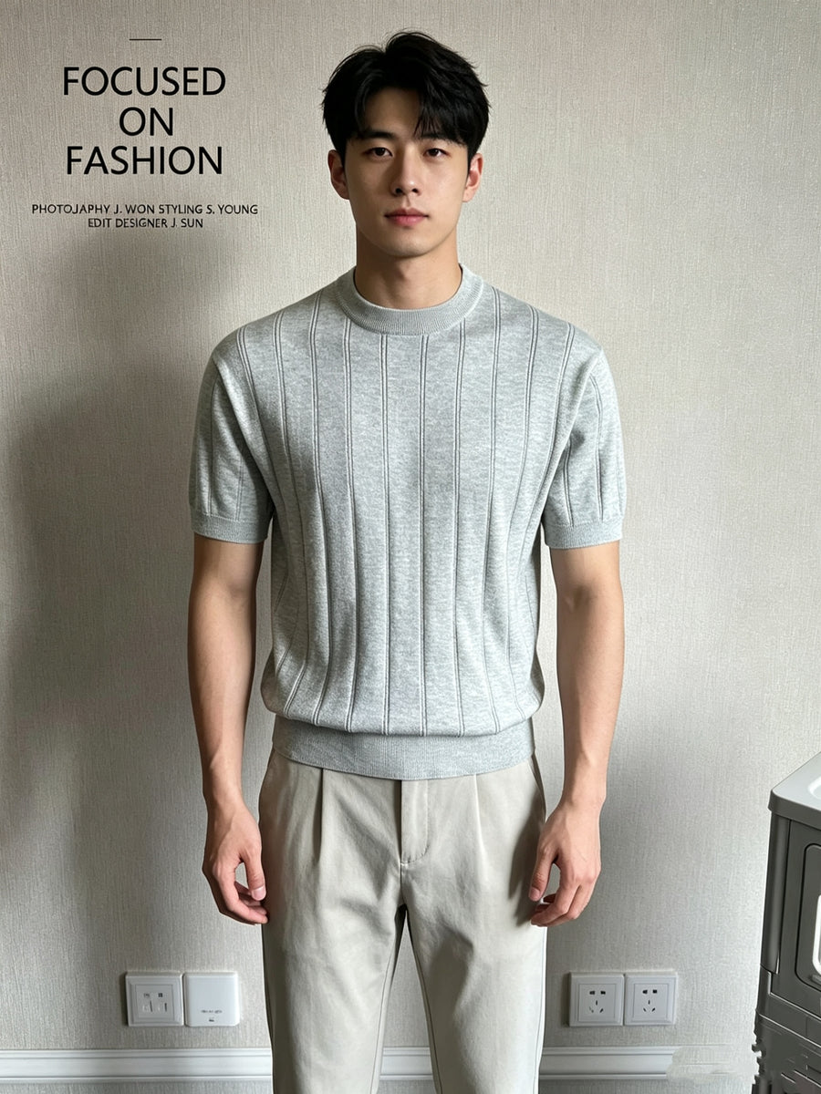Old Money Style Knit Short Sleeve Men'S Summer Relaxed Round Neck Thick Rib Tencel Blend Half Sleeve Top - Light Grey