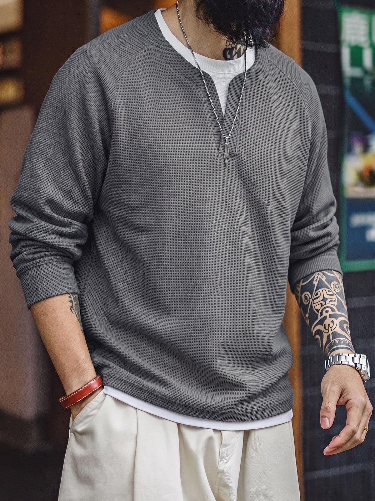 Men'S Long Sleeve Sweatshirt, Loose Fit, Waffle Fake Two-Piece Top, Spring/Autumn Casual Commute Wear, Men'S Casual Top, Men'S Gift, Spring/Autumn/Winter Holiday Wear, Ideal Gift Choice - Grey