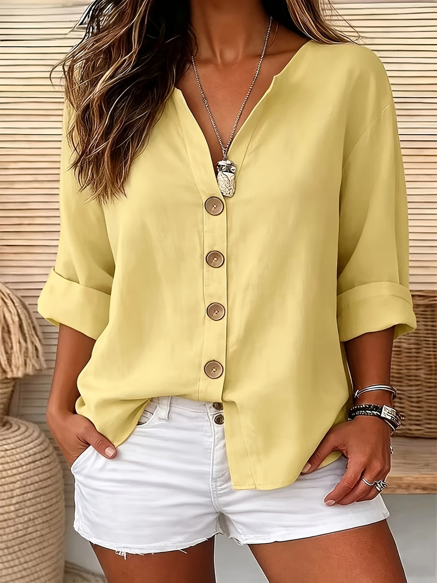 Solid Color Shirt, Round Neck Button-Up, Loose Fit, Casual Wear, Spring Summer Women'S Shirt - Yellow