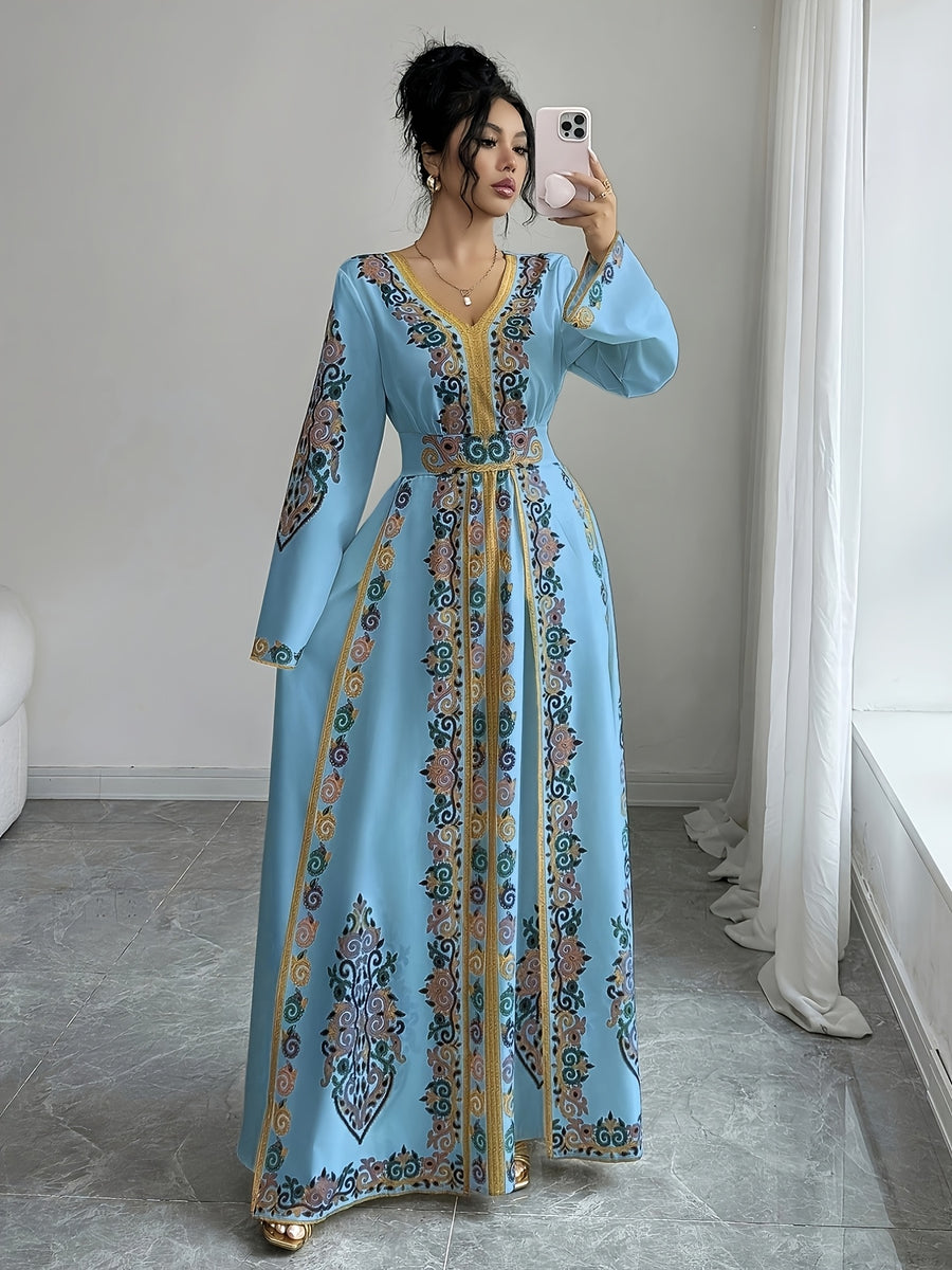 Women'S Summer Autumn Bride, Retro Elegant Dignified Wedding Non- Bohemian Middle Eastern, Printed Design, V-Neck Long Sleeve Batwing Sleeve Loose Flowing Long Wrap Dress, Golden Contrast Design Court Style Dress Suitable for Vacation, Party - Sky Blue
