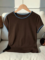 Autumn Winter New Women'S Sheer Round Neck T-Shirt, Contrast Lace Collar Patchwork Short Basic Base Layer, Comfortable Breathable Skin-Friendly Short Sleeve Top - Dark Brown