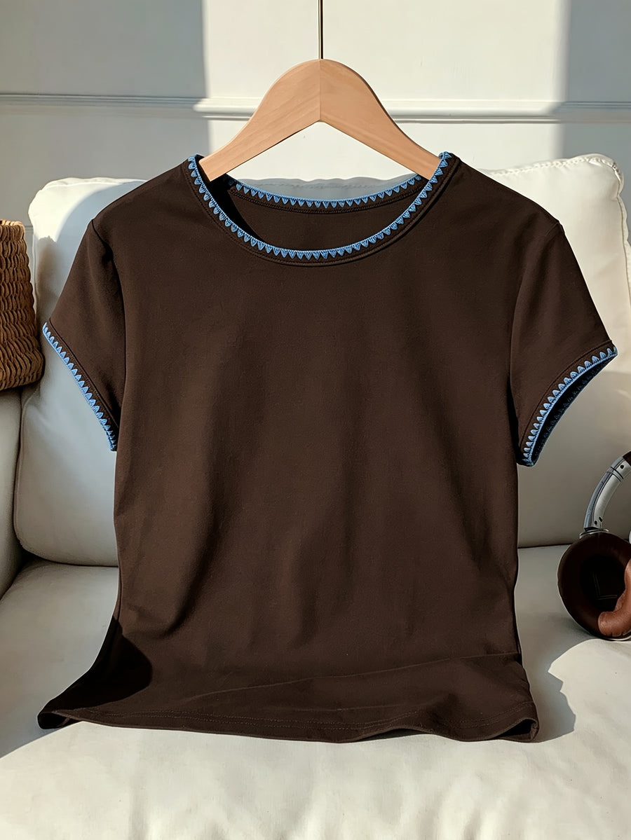 Autumn Winter New Women'S Sheer Round Neck T-Shirt, Contrast Lace Collar Patchwork Short Basic Base Layer, Comfortable Breathable Skin-Friendly Short Sleeve Top - Dark Brown