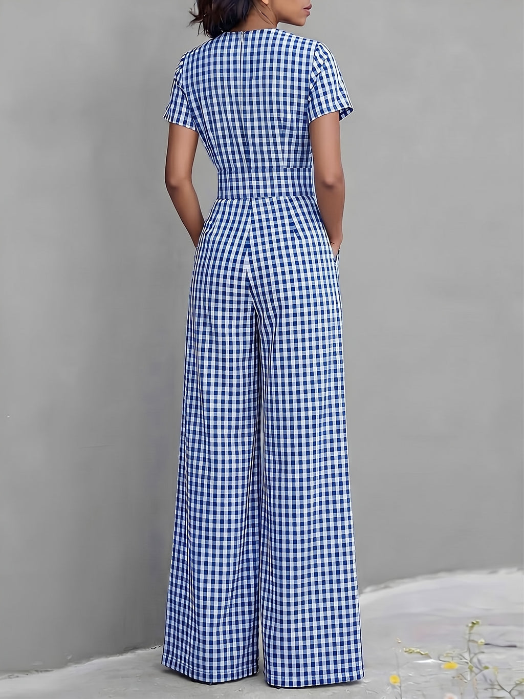 2026 Spring Summer New Plaid V-Neck Short Sleeve Jumpsuit Women'S High-Waist Wide-Leg Straight Long Pants, Women'S Commute Casual Two-Wear Jumpsuit, High-Waist Waist-Cinching Design with Flowing Wide-Leg Trousers - Blue