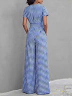 2026 Spring Summer New Plaid V-Neck Short Sleeve Jumpsuit Women'S High-Waist Wide-Leg Straight Long Pants, Women'S Commute Casual Two-Wear Jumpsuit, High-Waist Waist-Cinching Design with Flowing Wide-Leg Trousers - Blue