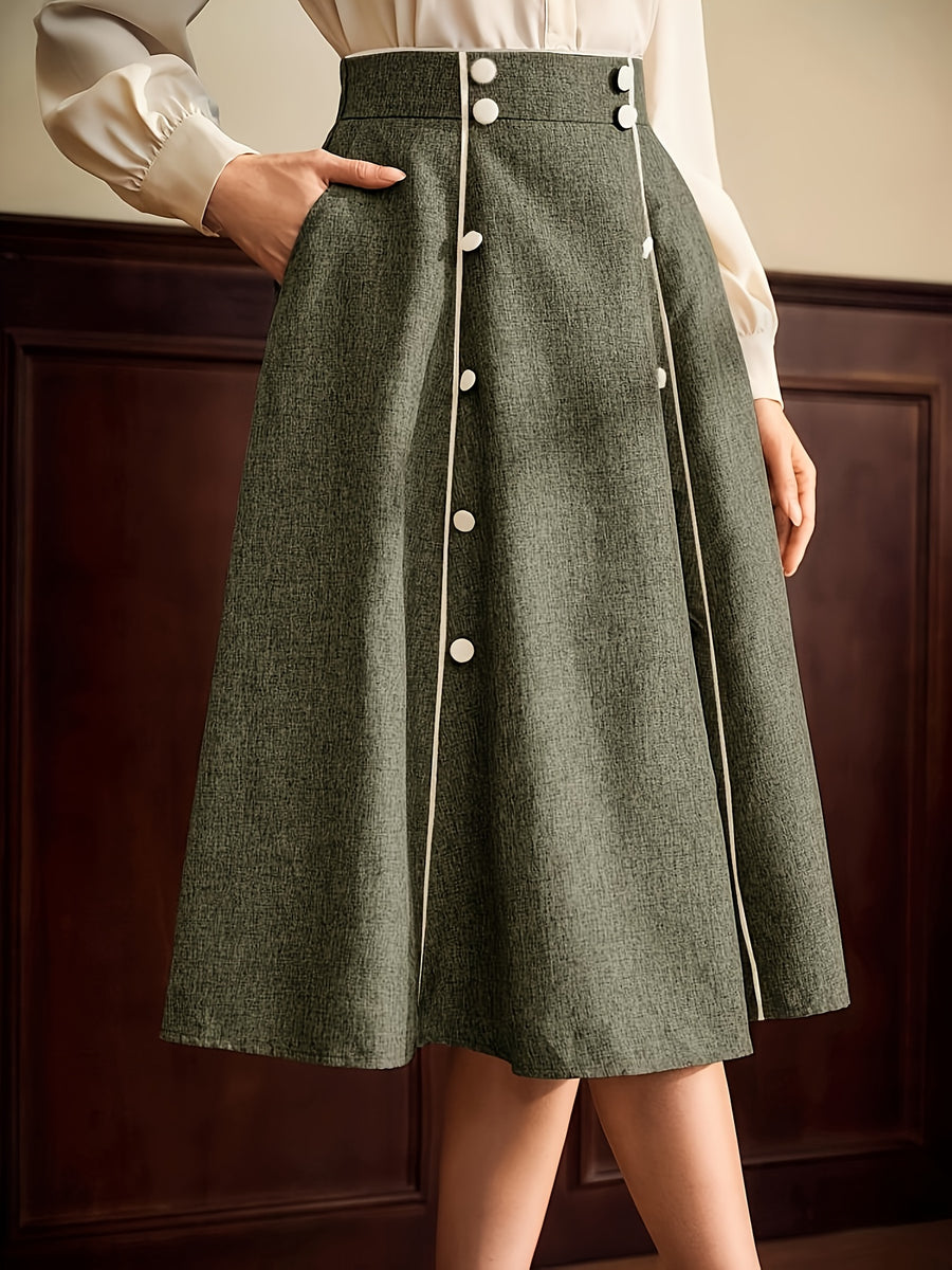 Vintage Elegant Women's A-Line Skirt, Loose Brown with Pockets, Double-Breasted, Casual Office Holiday Puff Skirt, Autumn Women's Clothing, Business Casual, Winter Women's Clothing, Autumn Skirt, Office Attire, Women's Autumn/Winter Wear, Country - Olive Green