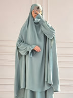 Abaya Middle Eastern Islamic Clothing Loose Comfortable Robe Headscarf with Long Sleeve Dress Two-Piece Set P403 - Malachite Green