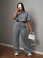 Women's Solid Color Casual Street Style Short Sleeve Crop Top and Drawstring Loose Pants swear Set - Dark Gray