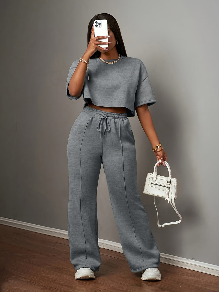 Women's Solid Color Casual Street Style Short Sleeve Crop Top and Drawstring Loose Pants swear Set - Dark Gray