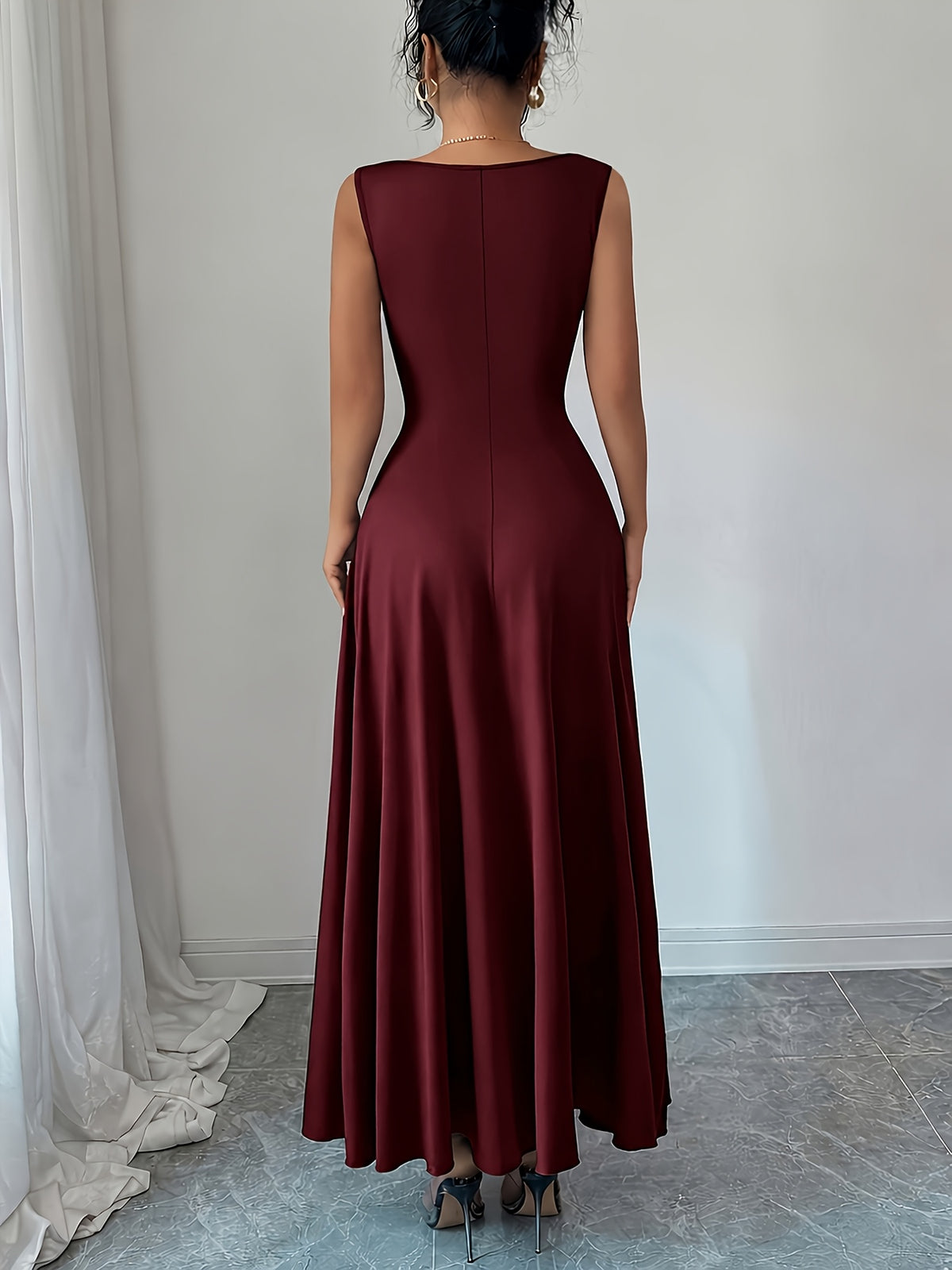 Sleeveless Puff Sleeve Dress Women'S Metallic Buckle Waist-Cinching Bodycon Skirt Elegant Temperament Evening Date Dress Long Dress - Burgundy