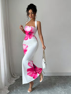 Summerhalter Neck Tie Waist Cincher Mid-Length Floral Print Dress Single Piece Dress - Multicolor