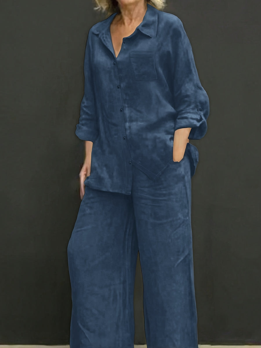 Elegant Women'S Casual Cardigan Solid Shirt Pants Set - Sea Blue