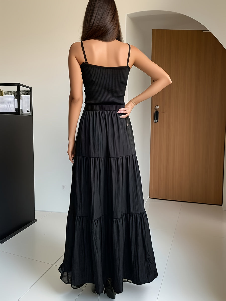 High-Waisted Skirt Elegant Casual A-Line Layered Skirt Spring And Summer Women'S Clothing Sweet Pink Long Pleated Cake Skirt - Black