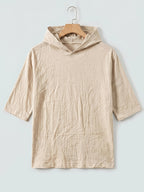 Men'S Linen Short-Sleeved Hoodie, Fashionable Men'S Top, Short-Sleeved Hoodie, Individual Trend, Comfortable And Breathable Fabric, Suitable for Outdoor Leisure, Camping, Vacation, Beach, Daily Street Wear - Khaki