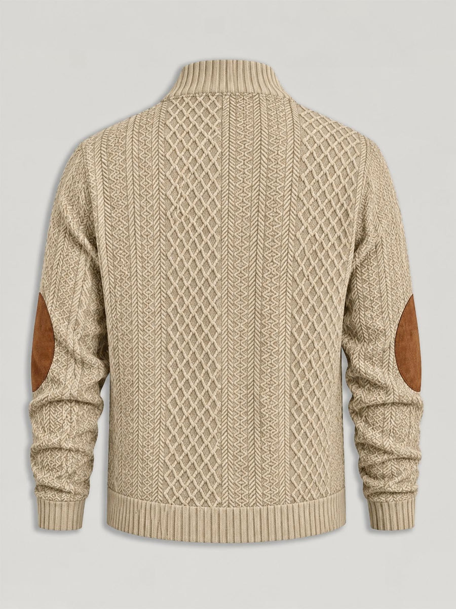 Men'S Henley Collar Knit Polo Sweater, Retro Checkered Jacquard Sweater, Patchwork Decor Long Sleeve Top, Casual Outdoor Wear - Khaki