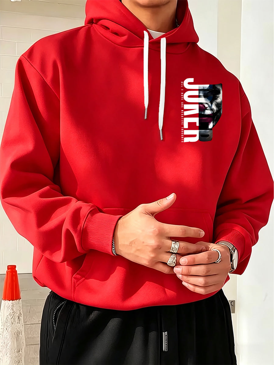Authorized by Warner Bros., Featuring Dark JOKER Clown Patch Letter Print, Hat Design Pattern, Multi-Functional Street Style Men'S Hooded Sweatshirt, Comfortable Casual, Suitable for Autumn And Winter - Red