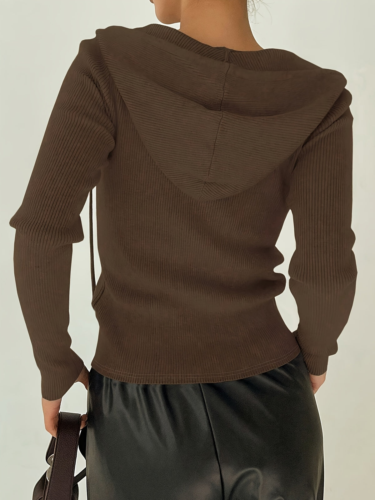 Women's Slim-Fit Solid Color Hooded Long Sleeve Casual Jacket - Dark Brown