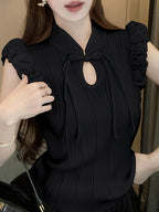 Sleeveless Top with a Solid Color, Featuring a Stand Collar And Ruffles, Perfect for Casual Spring And Summer Wear, Versatile And Elegant for Women'S Fashion - Black