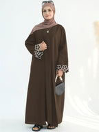 1pc Women's Elegant Floral Embroidered Saudi Arabian Abaya - Open Front Long Sleeve Loose Fit Islamic Dress, Middle Eastern Traditional Attire for Daily Wear, Vacation, Parties & Gatherings, Muslim Dress - Bronze
