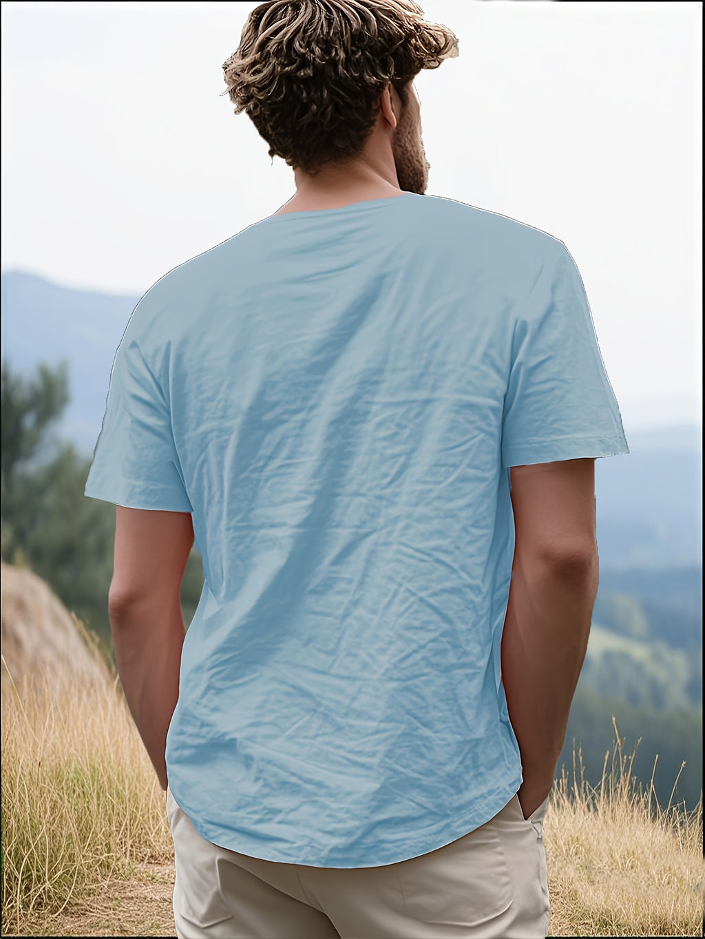Men's Casual T-Shirt, Versatile Summer Short-Sleeve Top, Fashionable Solid Color Sweatshirt, Crew Neck with Drawstring Design - Lightweight and Breathable, Machine Washable, Suitable for Daily Wear and Outdoor Leisure - Sky Blue