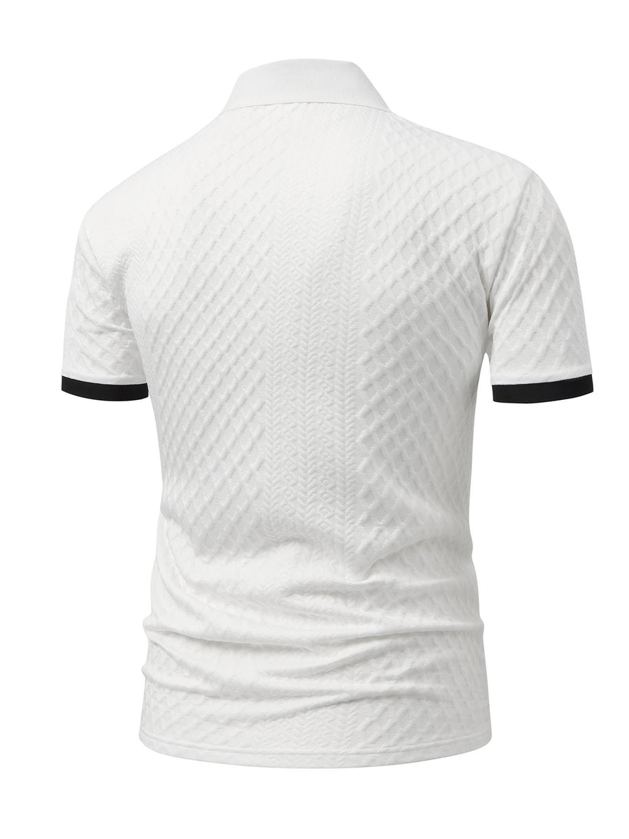 Middle-Aged Men'S Standard Polo Collar Short Sleeve Shirt, SIM Pattern Black Button-Front, Random Diamond Weave Jacquard, Outdoor Casual Soft Stretch Short Sleeve - White