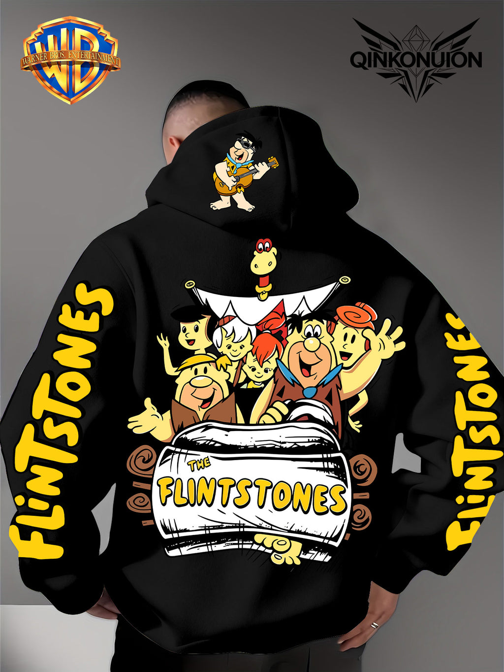Warner Official Men's Hoodie, Stone Age Family Travel Happy Nostalgic Print Design, Machine Washable, Warm and Casual for Autumn and Winter Daily Drawstring Hoodie, Multi Functional Sports and Leisure Loose Fit - Black