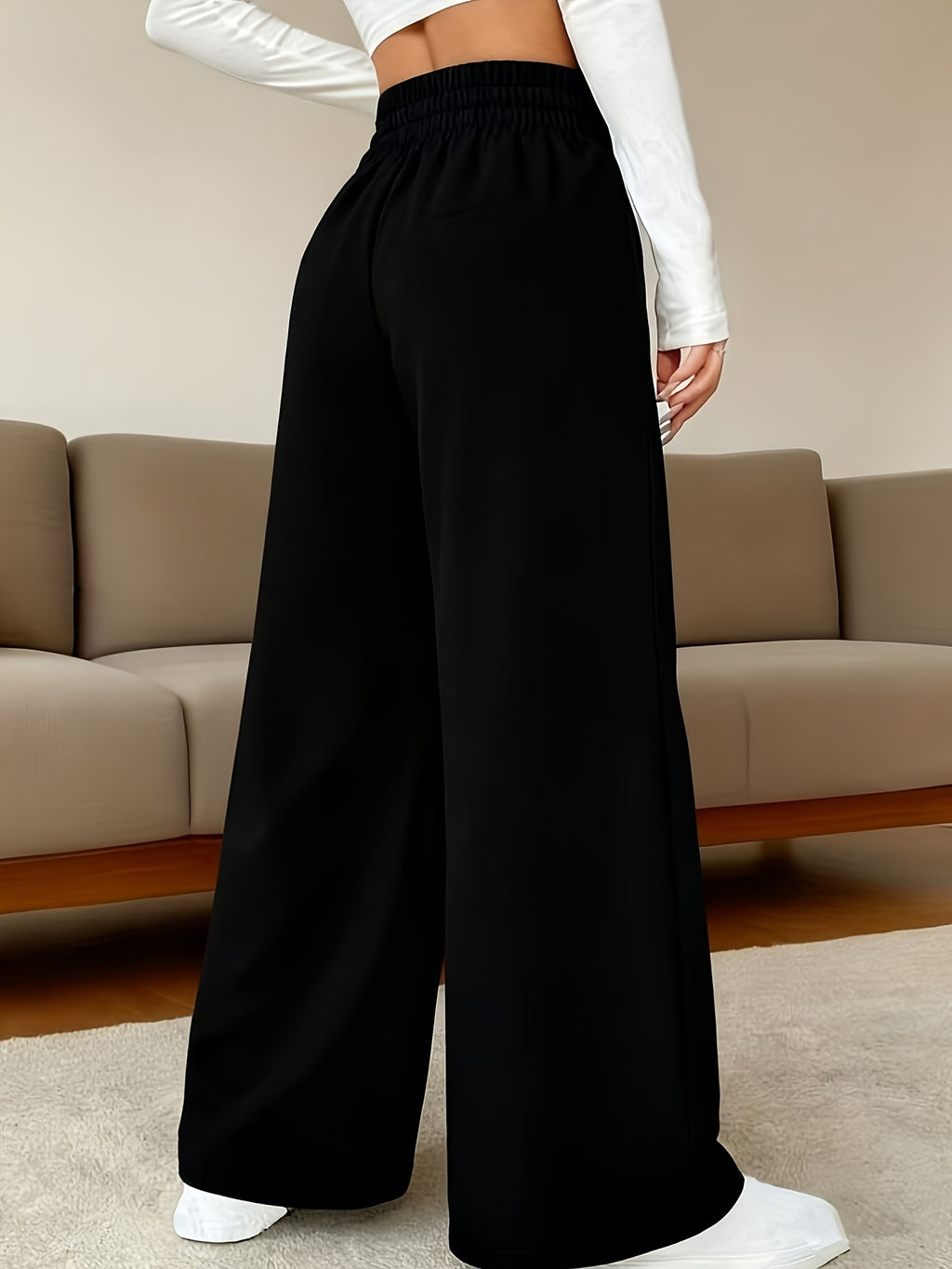Women'S High Waist Wide Leg Pants Wrinkle Resistant Machine Washable Autumn Winter Casual - Black