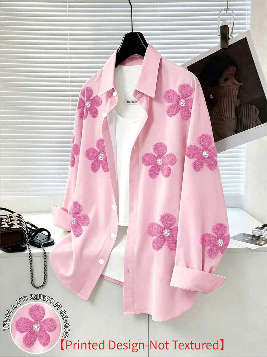 Women's Pretty Shirt, Floral Print Blouse with Faux Pearl Embellishments, Women's Long Sleeve Shirt, Printed Design - Not Textured ZD260727076 - Mixed Color 4