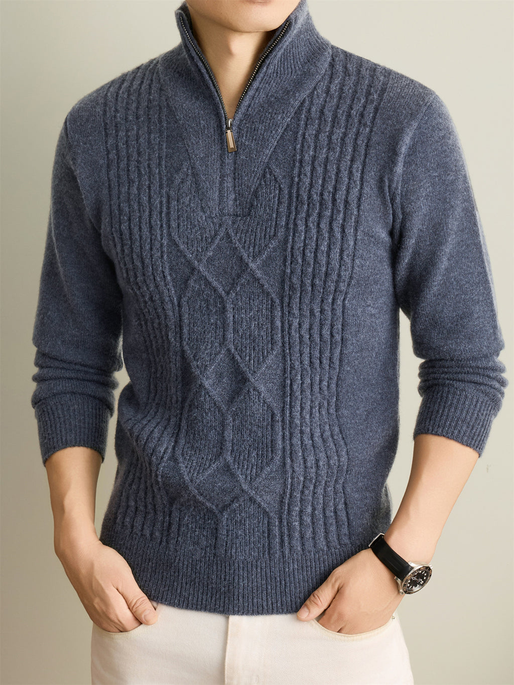 Autumn Winter Knit 3D Solid Half-Zip Stand Collar Sweater, Basic Knit Pullover Top for Men, Fashionable Long Sleeve Sweater, Size S - Dark Gray