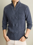 Autumn Winter Knit 3D Solid Half-Zip Stand Collar Sweater, Basic Knit Pullover Top for Men, Fashionable Long Sleeve Sweater, Size S - Dark Gray