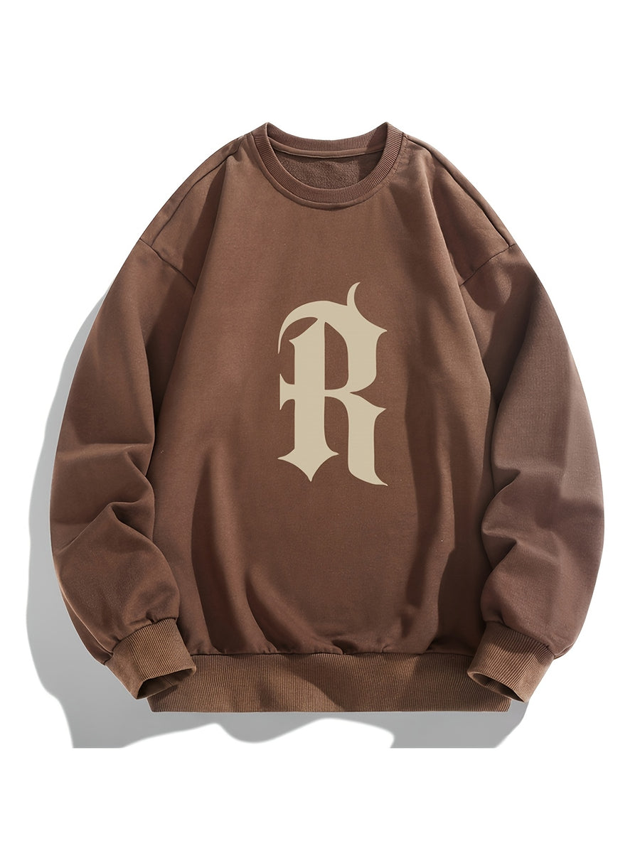Men'S Crew Neck Sweatshirt, Spring And Autumn Printed Pullover Top, Youth Loose Casual Versatile Long Sleeve Base Shirt - Light Brown-1